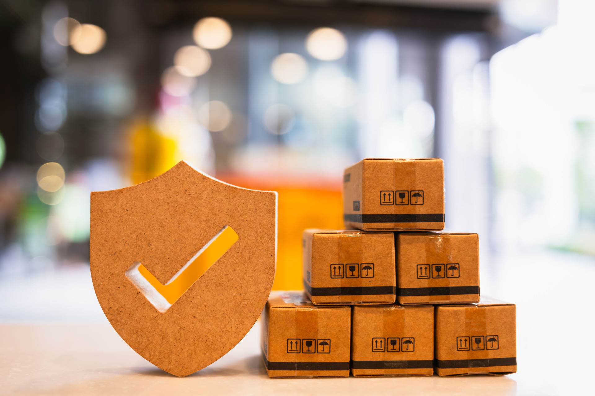 Secure shipping concept with cardboard boxes and wooden shield check mark symbol, representing safe delivery, logistics protection, reliable packaging, and trusted e-commerce solutions.