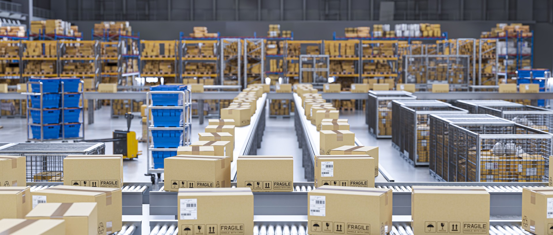 Cardboard boxes moving on conveyor belt in distribution warehouse